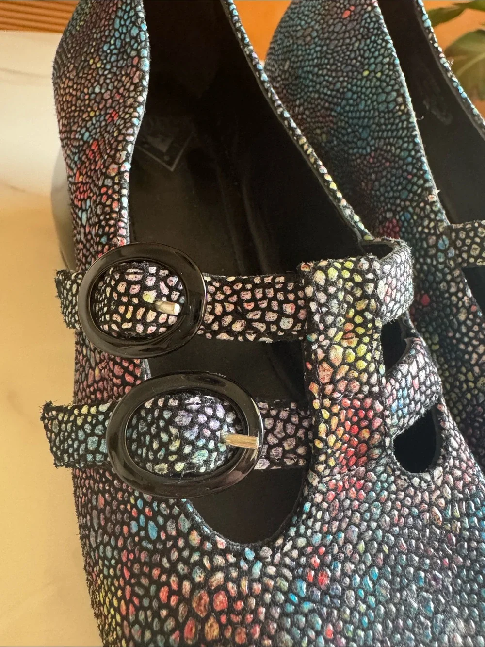 John Fluevog Prowess Hayls Multicolor Leather T-Strap Heels 6.5